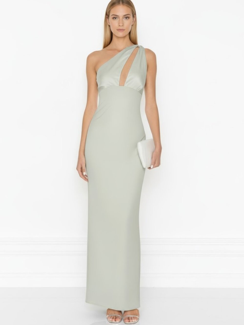 Lovers + Friends Jolene One-Shoulder Satin Gown Sage Green M NWT